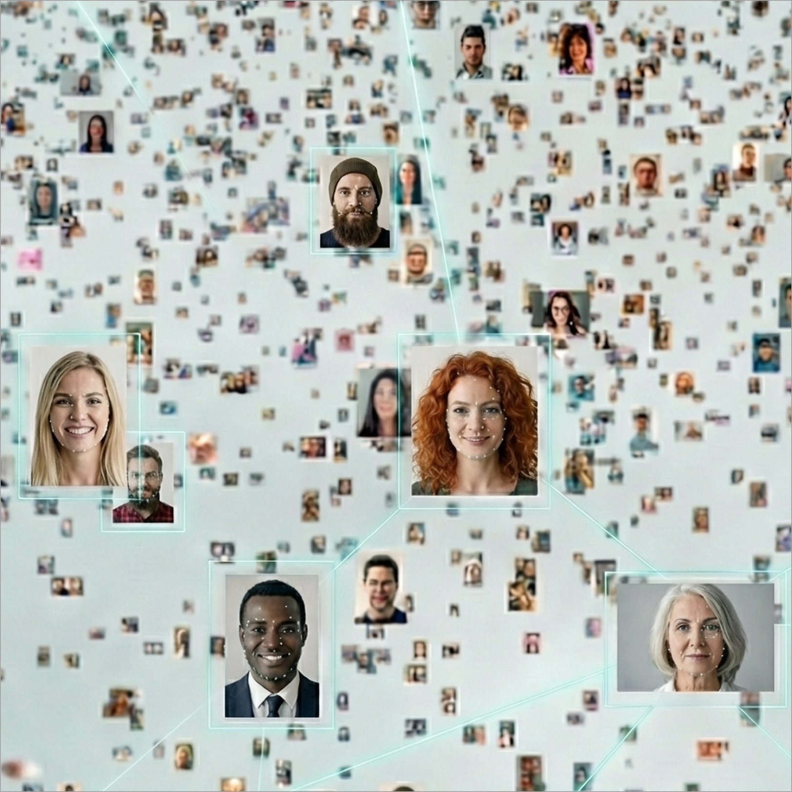 Biometric identity network visualization showing connected profiles