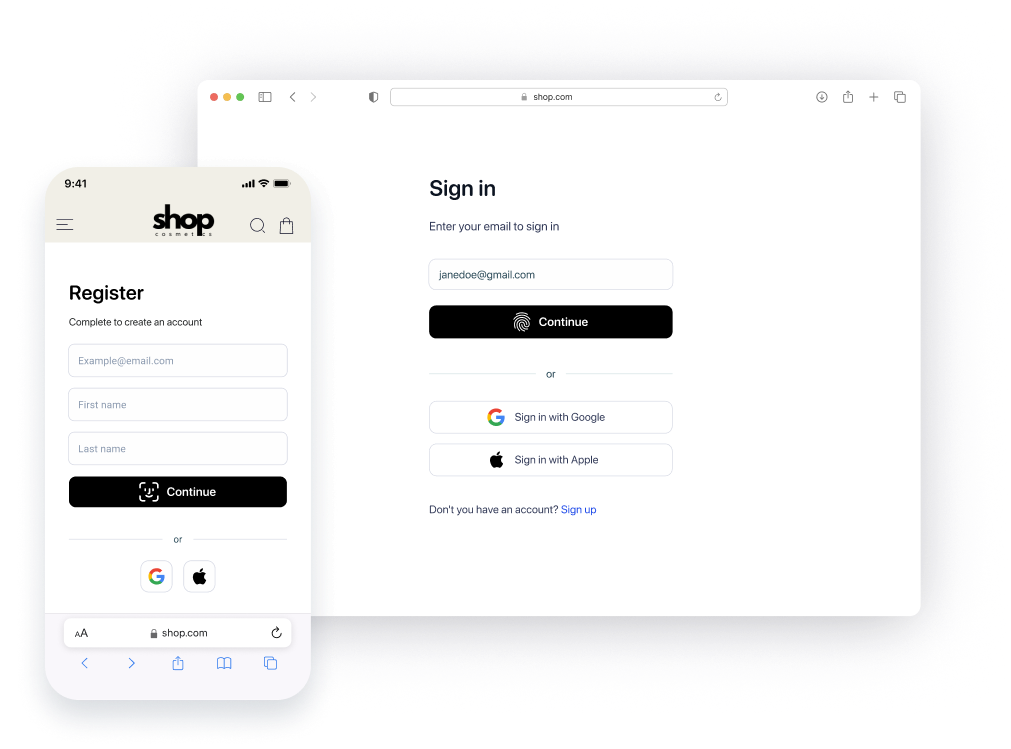 OwnID login experience on mobile and desktop
